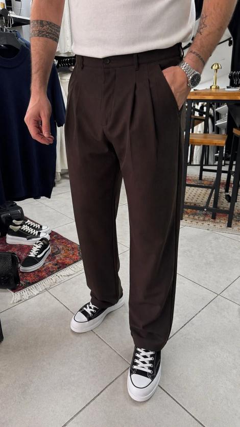 Premium Pileli Kahverengi Klasik Pantolon